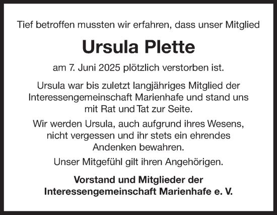 Traueranzeige von Ursula Plette von Ostfriesischer Kurier GmbH