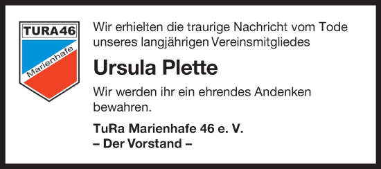 Traueranzeige von Ursula Plette von Ostfriesischer Kurier GmbH