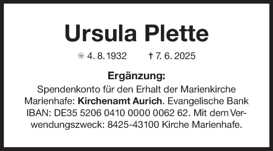 Traueranzeige von Ursula Plette von Ostfriesischer Kurier GmbH