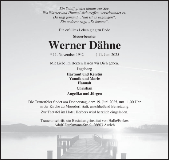 Traueranzeige von Werner Dähne von Ostfriesischer Kurier GmbH