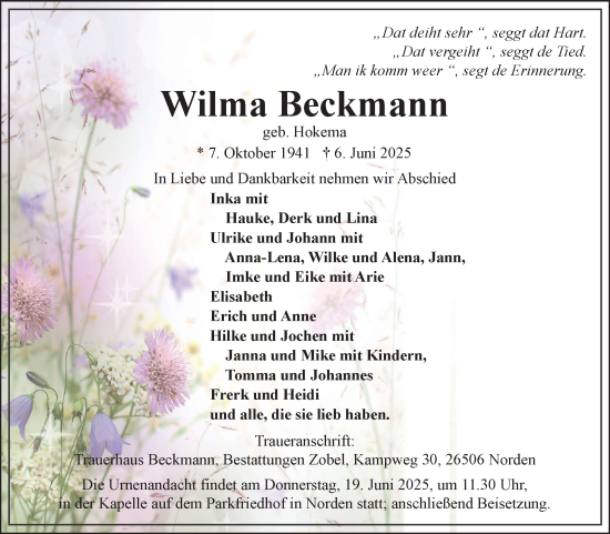 Traueranzeige von Wilma Beckmann von Ostfriesischer Kurier GmbH