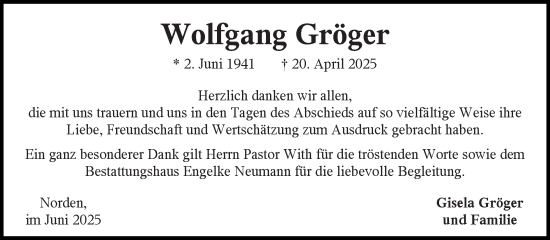 Traueranzeige von Wolfgang Gröger von Ostfriesischer Kurier GmbH