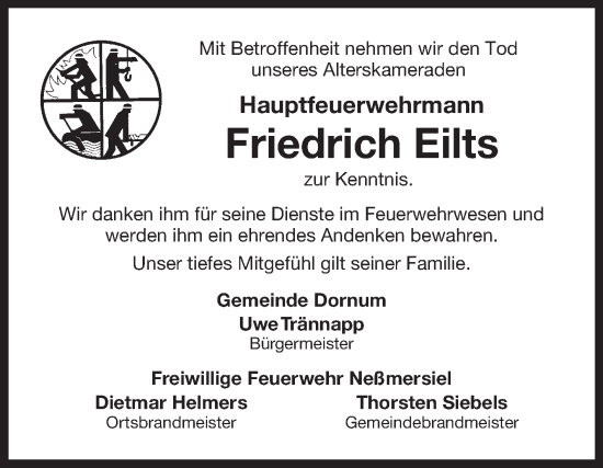 Traueranzeige von Friedrich Eilts von Ostfriesischer Kurier GmbH