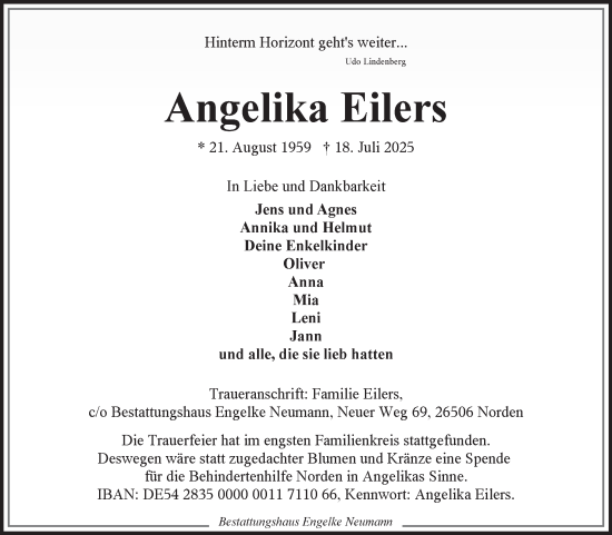 Traueranzeige von Angelika Eilers von Ostfriesischer Kurier GmbH