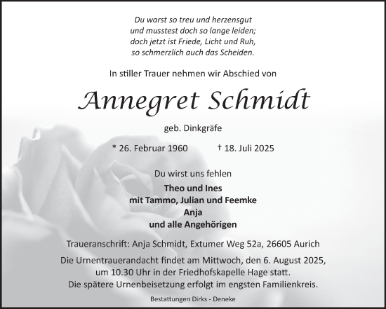 Traueranzeige von Annegret Schmidt von Ostfriesischer Kurier GmbH