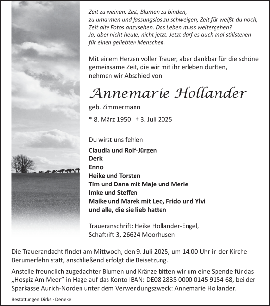Traueranzeige von Annemarie Hollander von Ostfriesischer Kurier GmbH