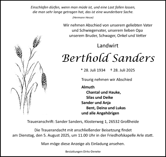 Traueranzeige von Berthold Sanders von Ostfriesischer Kurier GmbH