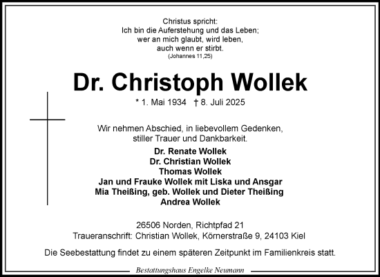 Traueranzeige von Christoph Wollek von Ostfriesischer Kurier GmbH