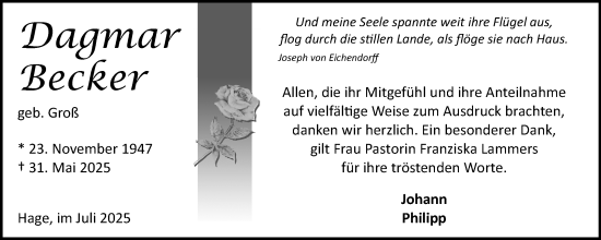 Traueranzeige von Dagmar Becker von Ostfriesischer Kurier GmbH