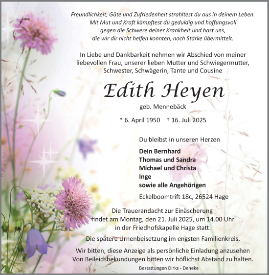 Traueranzeige von Edith Heyen von Ostfriesischer Kurier GmbH