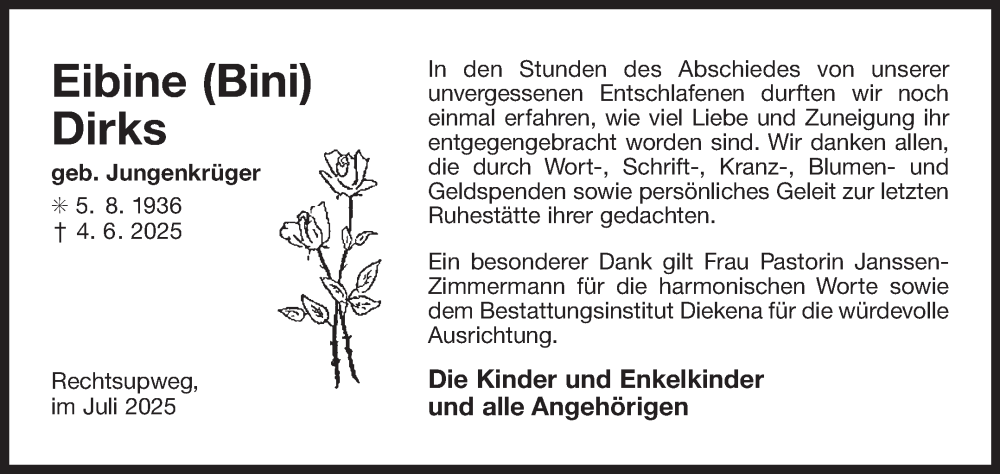  Traueranzeige für Eibine Dirks vom 12.07.2025 aus Ostfriesischer Kurier GmbH