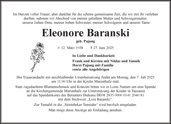 Traueranzeige von Eleonore Baranski von Ostfriesischer Kurier GmbH