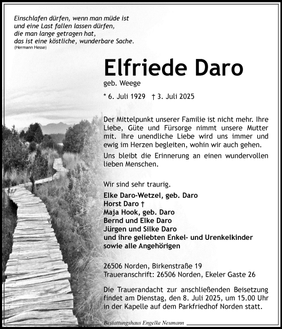Traueranzeige von Elfriede Daro von Ostfriesischer Kurier GmbH