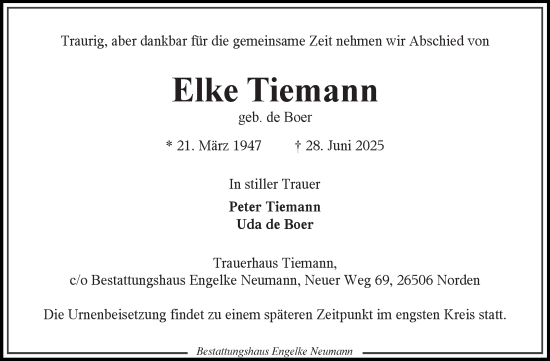 Traueranzeige von Elke Tiemann von Ostfriesischer Kurier GmbH