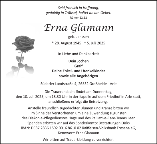 Traueranzeige von Erna Glamann von Ostfriesischer Kurier GmbH
