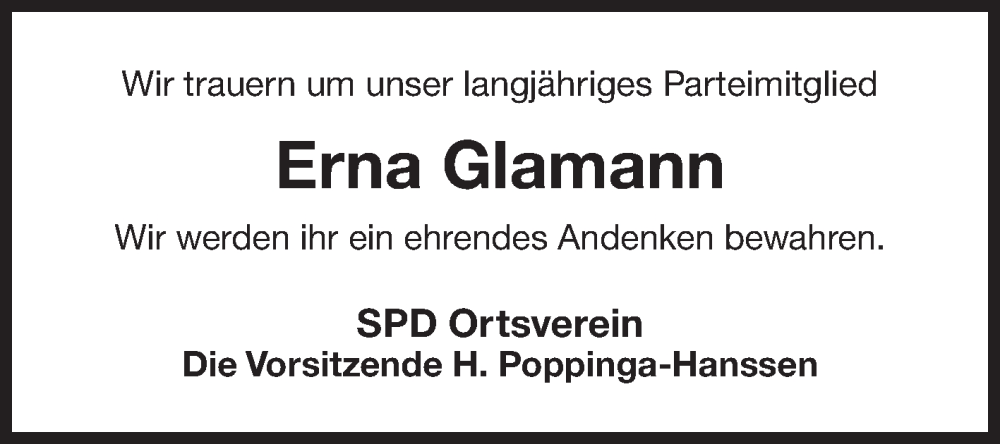  Traueranzeige für Erna Glamann vom 10.07.2025 aus Ostfriesischer Kurier GmbH