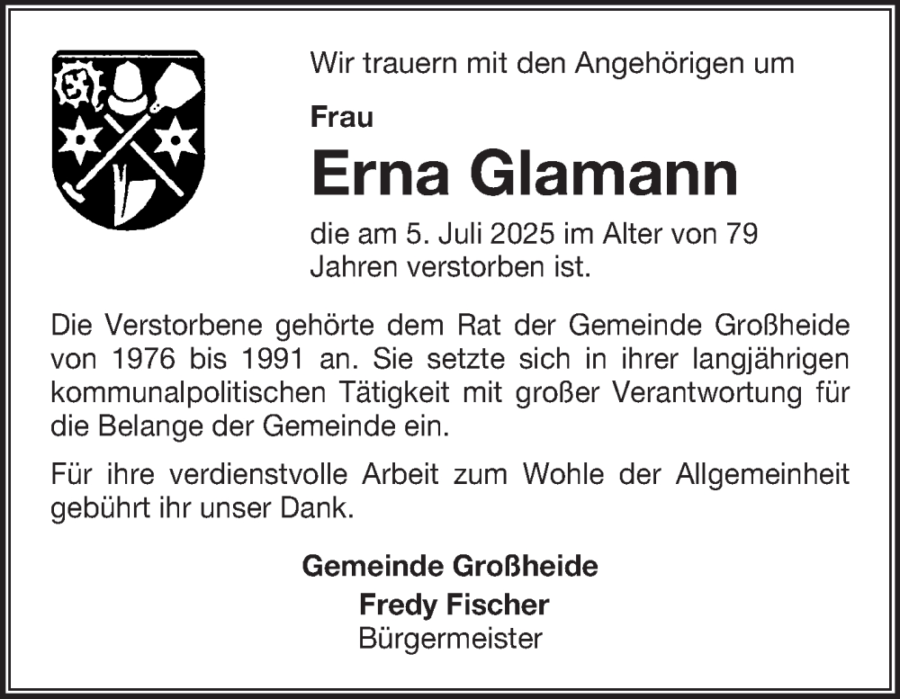  Traueranzeige für Erna Glamann vom 10.07.2025 aus Ostfriesischer Kurier GmbH