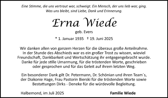 Traueranzeige von Erna Wiede von Ostfriesischer Kurier GmbH