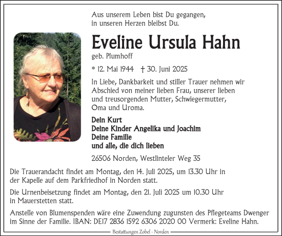 Traueranzeige von Eveline Ursula Hahn von Ostfriesischer Kurier GmbH