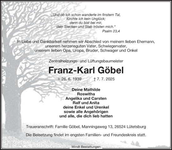 Traueranzeige von Franz-Karl Göbel von Ostfriesischer Kurier GmbH