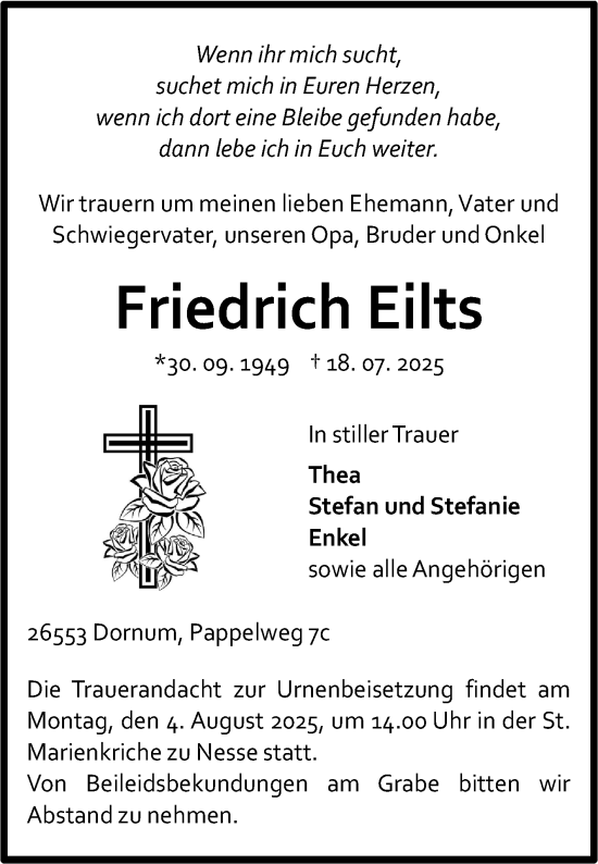 Traueranzeige von Friedrich Eilts von Ostfriesischer Kurier GmbH