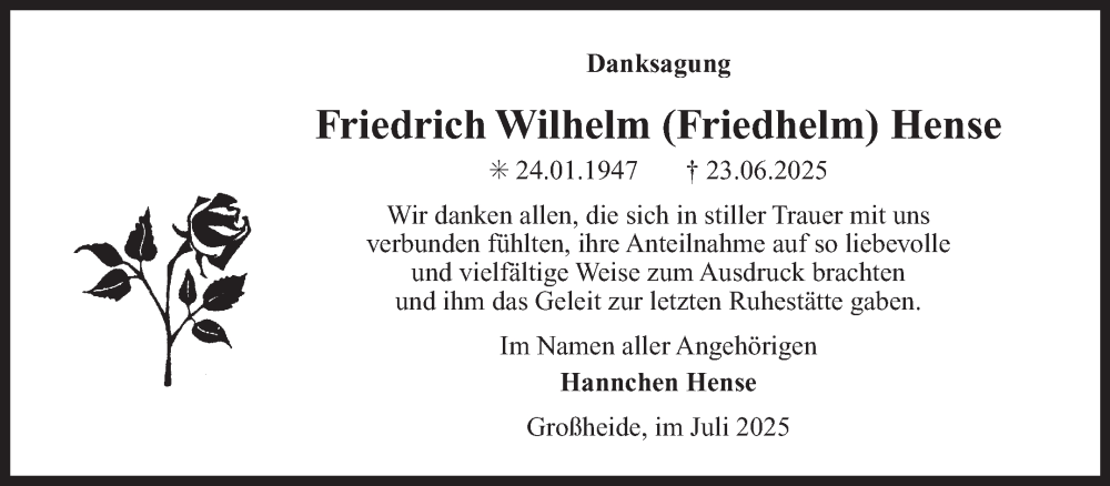  Traueranzeige für Friedrich Wilhelm Hense vom 26.07.2025 aus Ostfriesischer Kurier GmbH