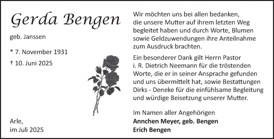 Traueranzeige von Gerda Bengen von Ostfriesischer Kurier GmbH