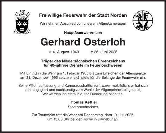 Traueranzeige von Gerhard Osterloh von Ostfriesischer Kurier GmbH