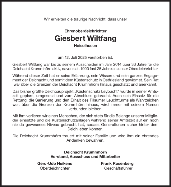 Traueranzeige von Giesbert Wiltfang von Ostfriesischer Kurier GmbH