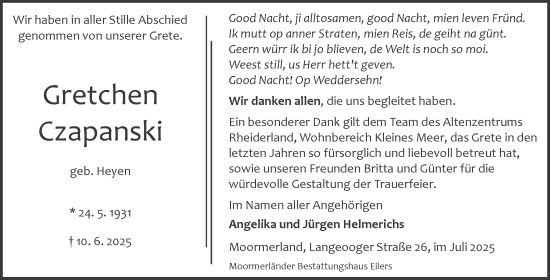 Traueranzeige von Grete Czapanski von Ostfriesischer Kurier GmbH