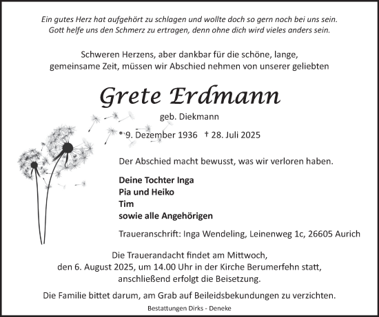 Traueranzeige von Grete Erdmann von Ostfriesischer Kurier GmbH