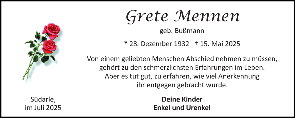  Traueranzeige für Grete Mennen vom 05.07.2025 aus Ostfriesischer Kurier GmbH