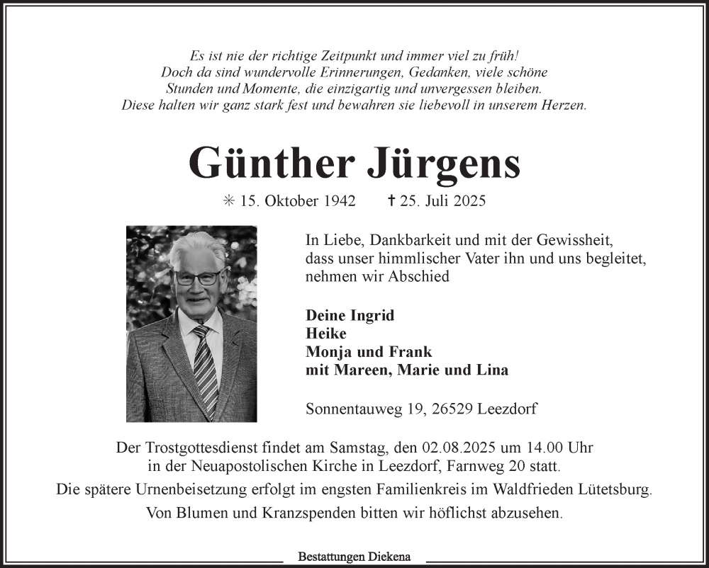  Traueranzeige für Günther Jürgens vom 29.07.2025 aus Ostfriesischer Kurier GmbH