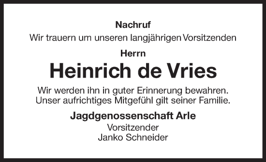 Traueranzeige von Heinrich de Vries von Ostfriesischer Kurier GmbH