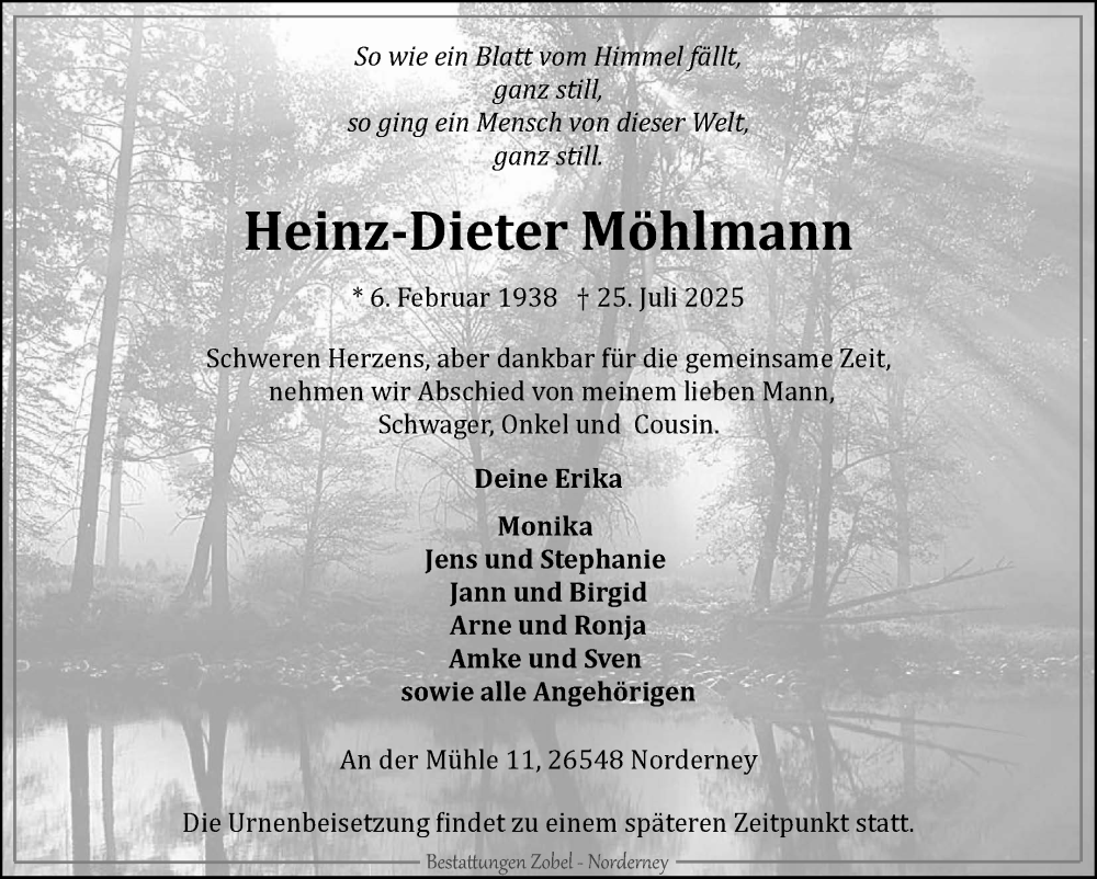  Traueranzeige für Heinz-Dieter Möhlmann vom 29.07.2025 aus Ostfriesischer Kurier GmbH