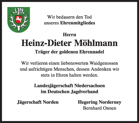 Traueranzeige von Heinz-Dieter Möhlmann von Ostfriesischer Kurier GmbH