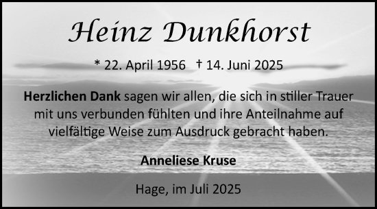 Traueranzeige von Heinz Dunkhorst von Ostfriesischer Kurier GmbH