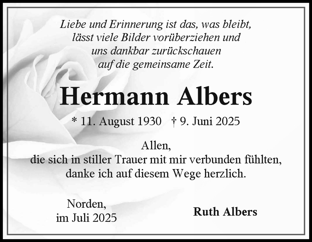  Traueranzeige für Hermann Albers vom 12.07.2025 aus Ostfriesischer Kurier GmbH