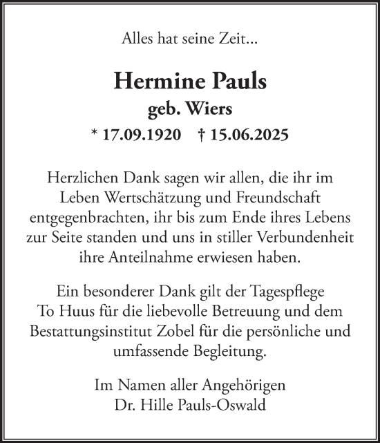 Traueranzeige von Hermine Pauls von Ostfriesischer Kurier GmbH