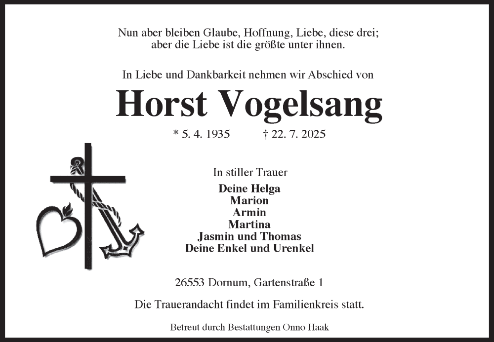  Traueranzeige für Horst Vogelsang vom 24.07.2025 aus Ostfriesischer Kurier GmbH