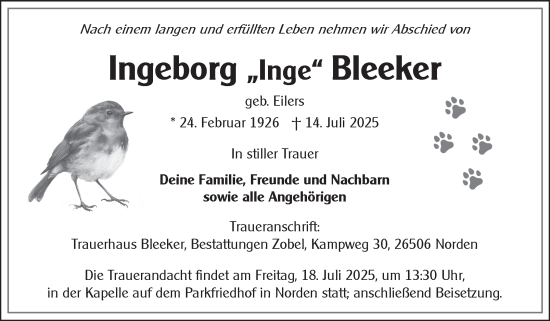 Traueranzeige von Ingeborg Bleeker von Ostfriesischer Kurier GmbH