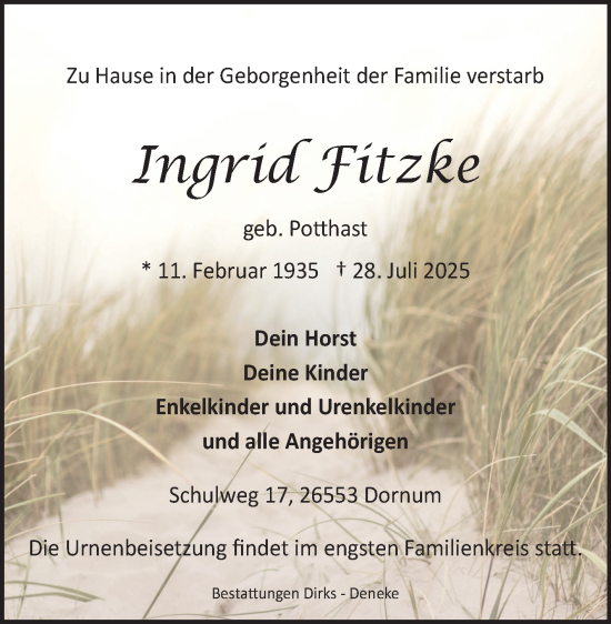 Traueranzeige von Ingrid Fitzke von Ostfriesischer Kurier GmbH