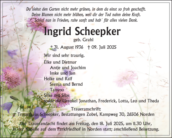 Traueranzeige von Ingrid Scheepker von Ostfriesischer Kurier GmbH