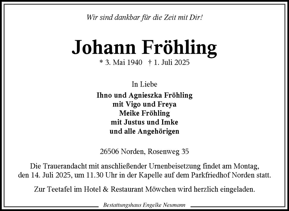  Traueranzeige für Johann Fröhling vom 05.07.2025 aus Ostfriesischer Kurier GmbH