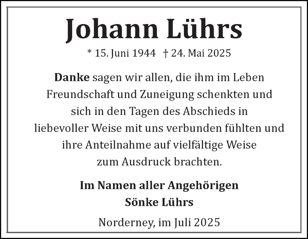  Traueranzeige für Johann Lührs vom 12.07.2025 aus Ostfriesischer Kurier GmbH