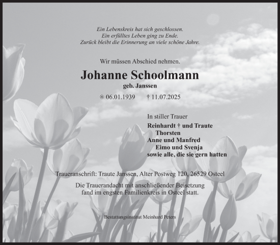 Traueranzeige von Johanne Schoolmann von Ostfriesischer Kurier GmbH
