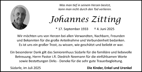 Traueranzeige von Johannes Zitting von Ostfriesischer Kurier GmbH