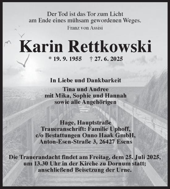 Traueranzeige von Karin Rettkowski von Ostfriesischer Kurier GmbH