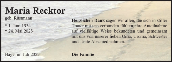 Traueranzeige von Maria Recktor von Ostfriesischer Kurier GmbH