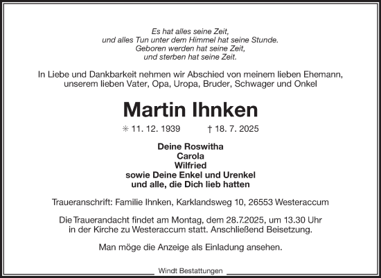 Traueranzeige von Martin Ihnken von Ostfriesischer Kurier GmbH